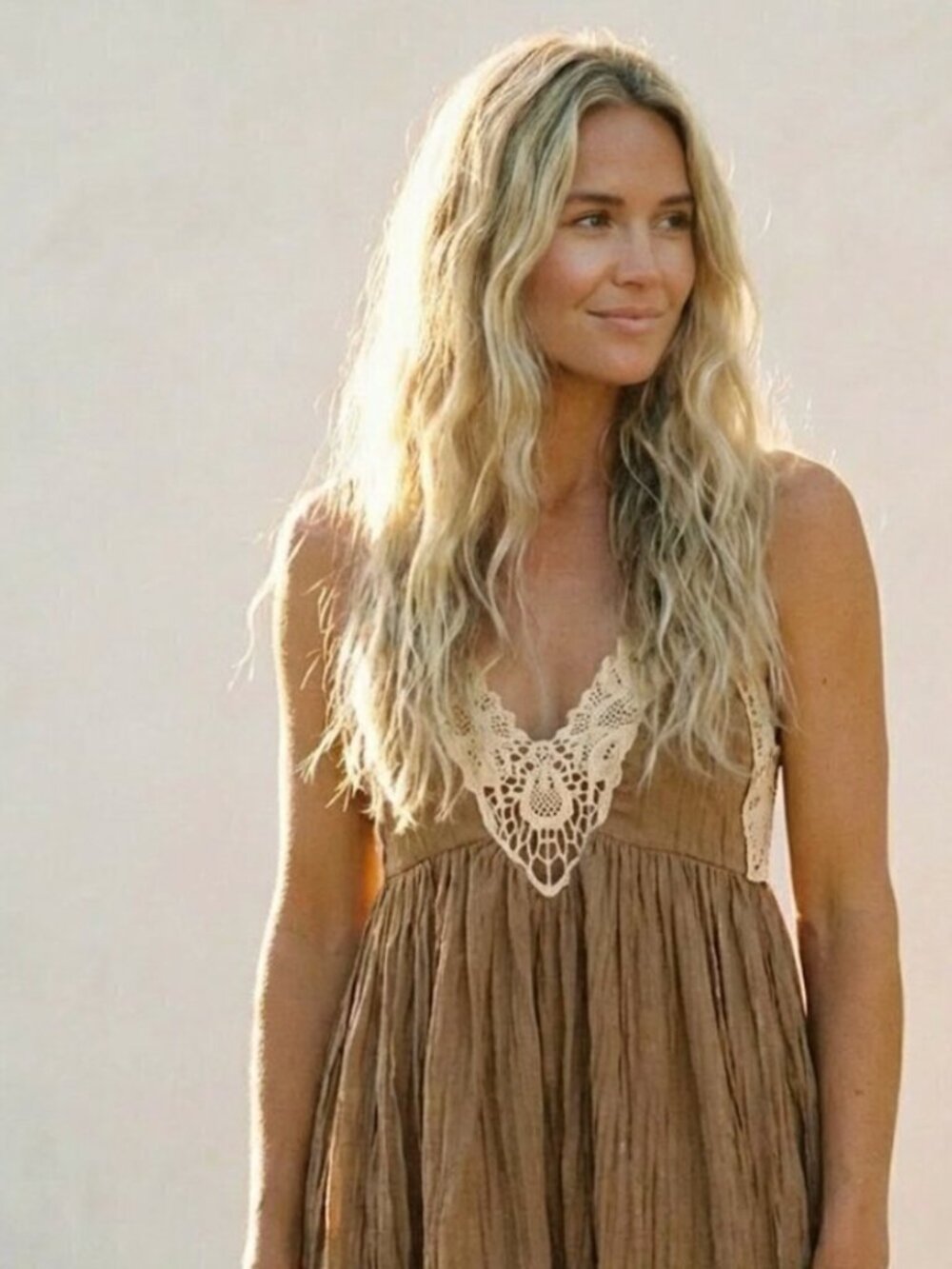 Free People Breathless Brown ivory Martini Lace Crinkle summer Dress Size Medium
